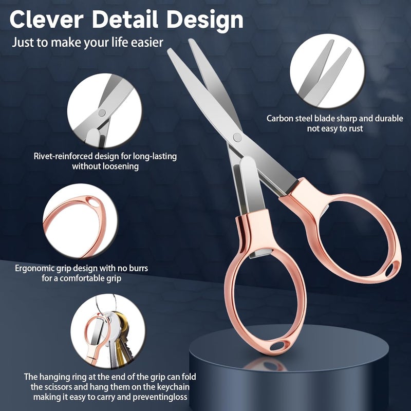 Hapdream 3 Pcs Folding Stainless Steel Portable Mini Badge Scissors with 3 Keychains, Safety Foldable Pocket Travel Small Scissors All Purpose for Nurse Accessories, Travel, Office, Craft, Sewing (Rose Gold) - Image 2